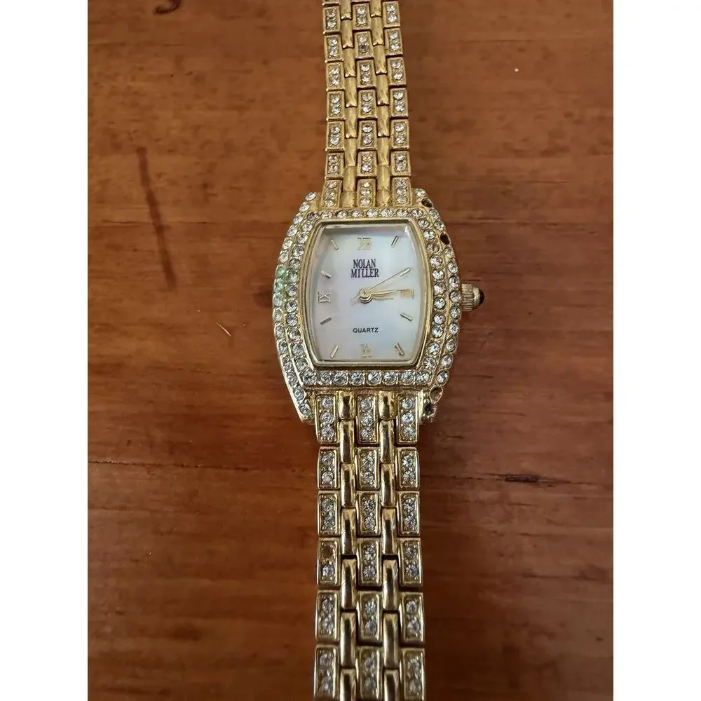 Nolan Miller Glamour Collection Crystal Gold Tone Bracelet Watch Mother Of Pearl